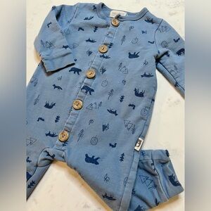 Rabbit + Bear 100% Organic Cotton Baby Jumpsuit, Forest Animals, 6-9 mo, Blue